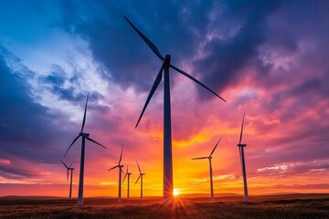 A stunning sunset casts vibrant colors over wind turbines. This energy scene shows the beauty in renewable resources. Ideal for eco friendly projects. Generative AI