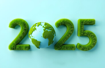 Numbers 2025 in eco-style, made of grass, instead of the number 0, a globe on a blue background. Ecology and environmental protection concept