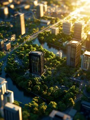Obraz premium A futuristic city skyline showcasing a harmonious blend of nature and urban development. The image highlights green spaces, integrated waterways, and eco-friendly architecture, symbolizing sustainable