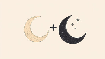 Obraz premium Minimalist crescent moon and star symbol, representing mystical energy and enlightenment in soft, simple strokes. Mystical. Illustration