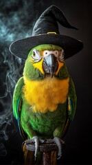 Obraz premium Among spooky fog is a parakeet wearing a tiny witch's hat