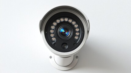 A front-facing view of a modern security camera, featuring LED lights for enhanced surveillance capabilities, offering both style and function for security applications.