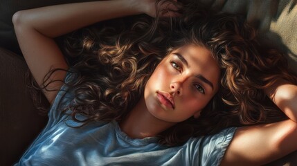 Curly haired brunette woman relaxing on the couch at home.