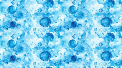 Seamless watercolor pattern featuring diverse blue water bubbles in various sizes and tones chaotic design perfect for textile and wallpaper applications