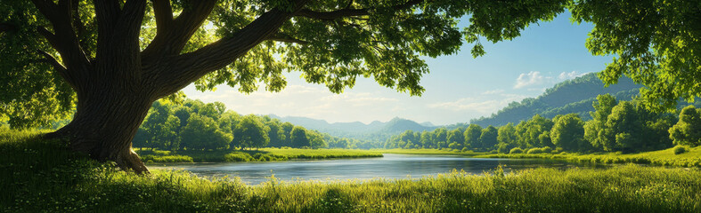 Tranquility in Nature: Serene Landscape with a Lake and Lush Greenery. This captivating image depicts the beauty of nature, showcasing a tranquil lake surrounded by vibrant greenery, a majestic tree p