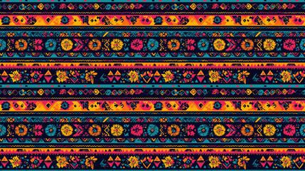Vibrant seamless ethnic boho pattern featuring multicolor Aztec designs and rainbow flowers ideal for textiles and home decor