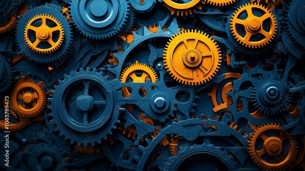 Poster artwork showcases array abstract mechanical gears featuring various mechanisms rich blend colors.