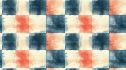 Fototapeta premium Seamless checked pattern featuring a textured watercolor dyed effect in beige blue and red ideal for fabric design and home decor