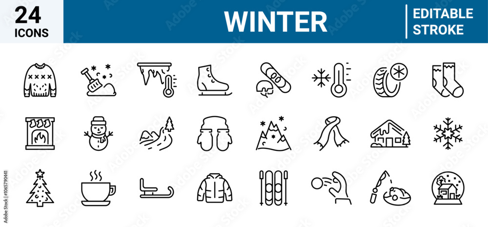 Aufkleber set of 24 outline web icons related to winter. linear icon collection. editable stroke. vector illus