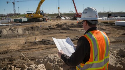 Fototapeta premium Industrial engineer analyzing blueprints, large construction site backdrop, cranes and heavy machinery, focus on precision and project planning in a dynamic environment