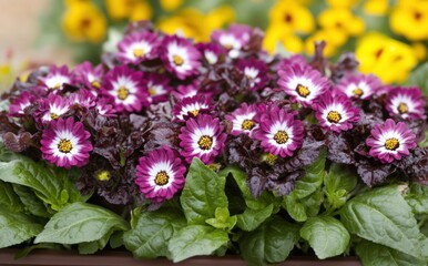 Obraz premium 美しい紫と白の花と緑の葉が咲く庭の風景は春の訪れを告げる