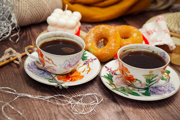 Cozy vintage room and breakfast for two with hot strong coffee and buns