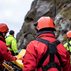 Naklejka premium Mountain rescue team with stretcher, rugged cliff, focused teamwork