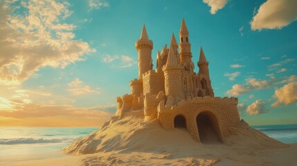 Naklejka premium A majestic sandcastle on a beach at sunset, showcasing intricate towers and arches.