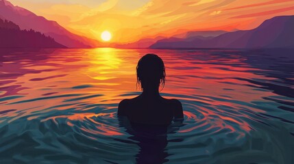 Fototapeta premium Generative AI illustration Back view of unrecognizable female silhouette standing in rippling sea water and enjoying sunset over mountains