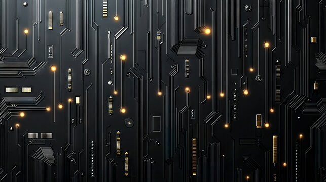   A stunning black and gold circuit board wallpaper featuring an array of shining lights emanating from above the board
