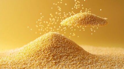 Semolina groats are suspended mid air displaying their intricate structure vibrant backdrop highlighting their unique and separate grains.