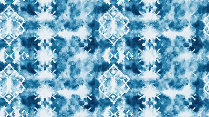Obraz premium Azure tie dye print seamless pattern featuring grey aquarelle paint and a white kaleidoscope tile artistic winter grunge design with brushed textures and geometric repeats