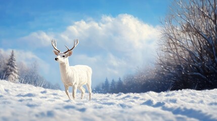 Obraz premium White Deer in Serene Winter Landscape, a majestic white-tailed deer stands in a snow-covered forest, symbolizing peace, purity, grace, and winter's beauty.