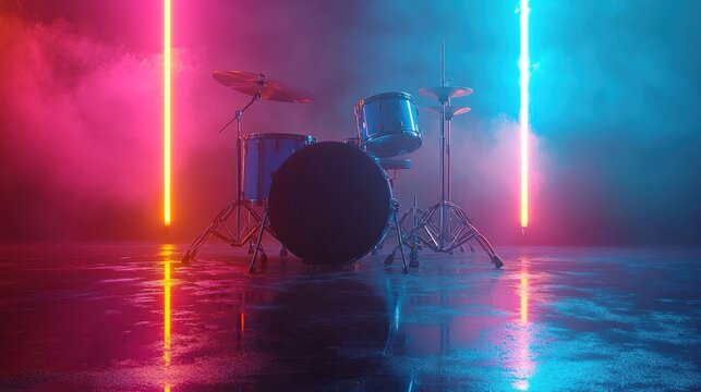 A drum set with cymbals and bass drum, illuminated by pink and blue neon lights, with a smoky background.