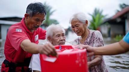 Rescue teams assisting elderly couple after flood, providing water, community aid