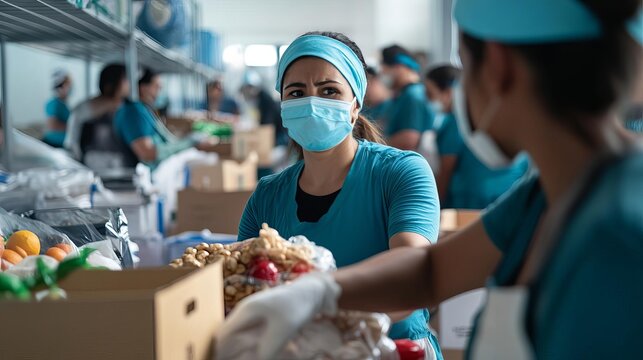 Rescue teams distributing food and supplies, disaster setting, compassionate assistance
