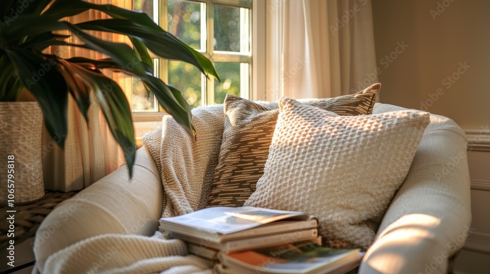 Poster sunlight streaming through a window illuminates an empty armchair with blankets and pillows, creatin