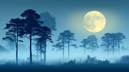 Silhouetted pine trees in a foggy forest under a full moon. Mystical. Illustration