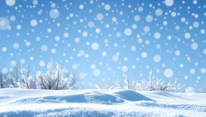 Fototapeta premium Winter natural snow background with snowdrifts, beautiful light and snow flakes on blue sky, beauty bokeh circles, copy space isolated with white highlights, png