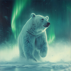 Polar Bear in Misty Arctic Landscape Under the Green Glow of Aurora Borealis - Northern Lights