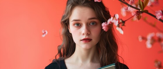 Fototapeta premium A young woman stands with a book against a warm coral backdrop, surrounded by spring blossoms, emanating a sense of grace and reflection.