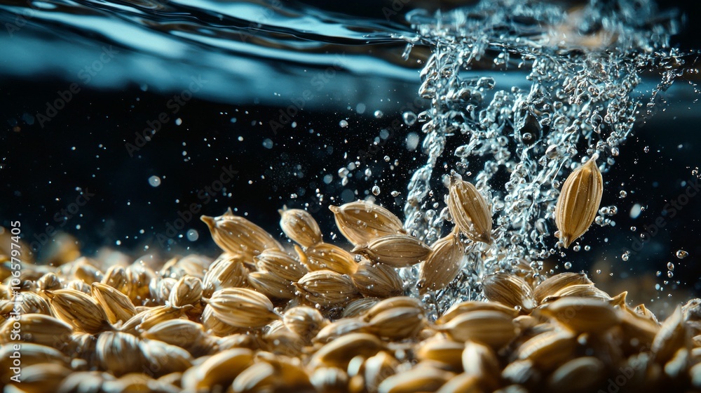 Poster barley groats float individually waters surface perfectly isolated creating intriguing visual contra