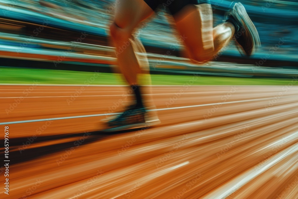 Poster An athlete runs swiftly on a track, showcasing determination and speed while using a prosthetic leg during a competition. Generative AI