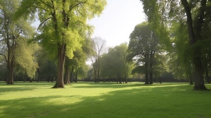 Serene Green Landscape with Tall Trees and Soft Light