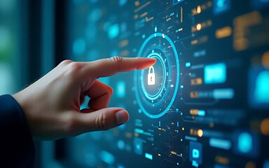 Fototapeta premium Businessman in suit touches a glowing padlock icon, symbolizing data security,