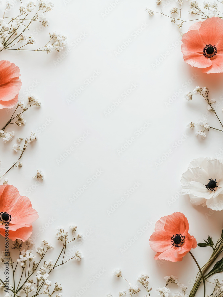 Poster striking red and white poppies are surrounded by soft, delicate clusters of baby's breath against a 