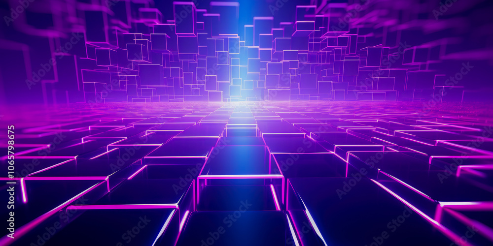 Poster a digital rendering of countless glowing cubes in a vibrant pink and purple color scheme, forming a 