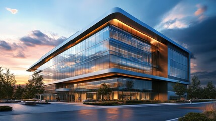 Obraz premium Modern office building exterior with reflective glass facade at sunset.