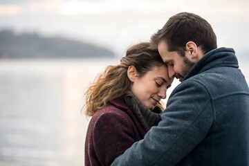 Fototapeta premium Couple sharing a quiet tender moment as their emotional connection grows deeper through the power of love expressed in a soft blurred depth of field