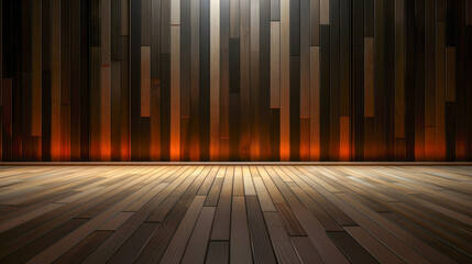 A modern wood paneled wall with warm lighting highlights creating a cozy and elegant ambiance, perfect for contemporary interior decor applications.