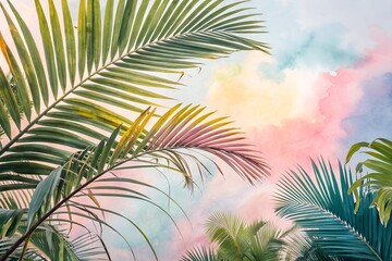Obraz premium Abstract Tropical Watercolor Background With Palm Leaves