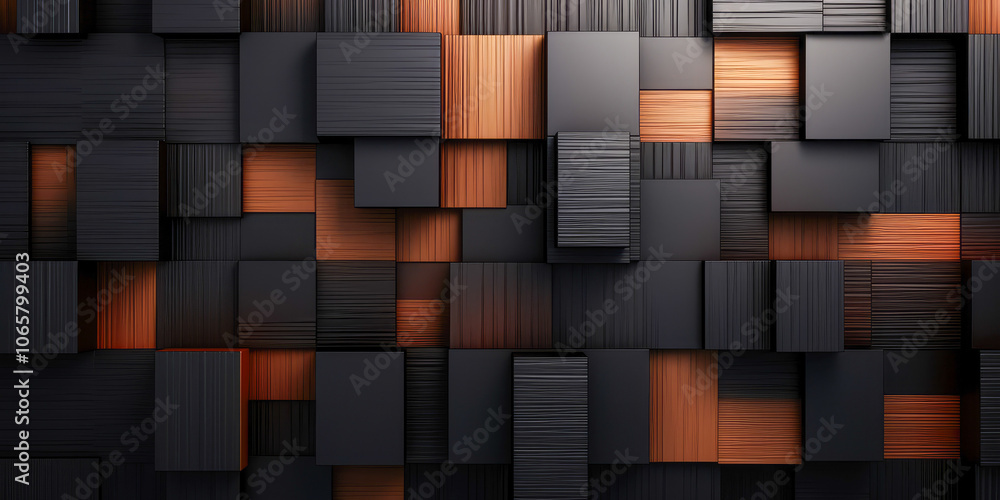 Poster an abstract composition of geometric blocks in black and copper tones, creating a dimensional and mo