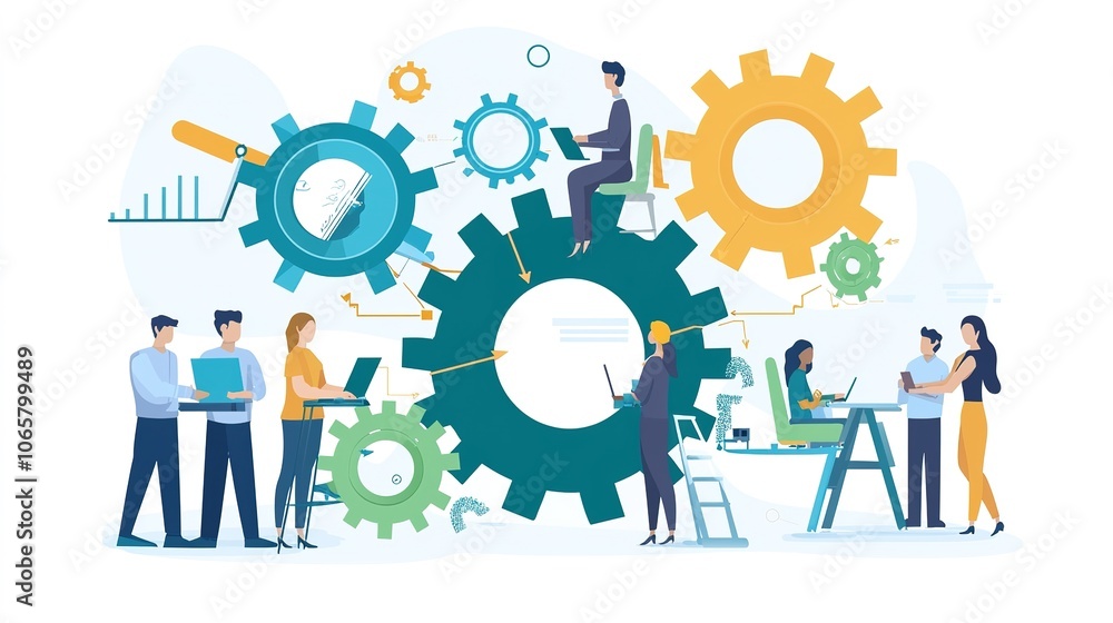 Poster a collaborative workspace scene featuring diverse individuals engaged in teamwork around large gears