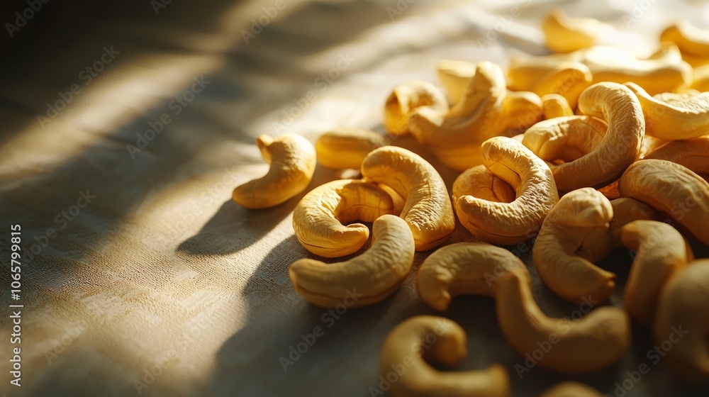 Poster scattered cashew nuts are artistically displayed bright background illuminated low key contour light