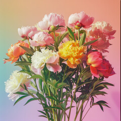 Fototapeta premium Vibrant bouquet of assorted peonies against a soft, gradient background, showcasing pink, yellow, and white blooms radiating elegance and charm in full bloom.
