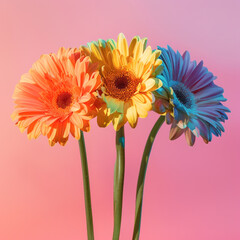 A captivating trio of gerbera daisies displaying a harmonious blend of colors, including orange, yellow, and blue, set against a pastel gradient for visual delight.