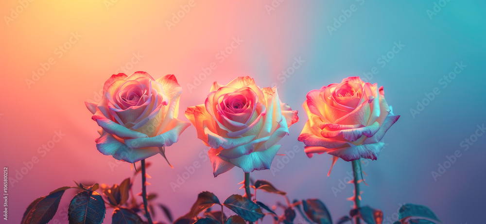 Poster three striking roses illuminated with a captivating gradient of warm and cool colors, showcasing the