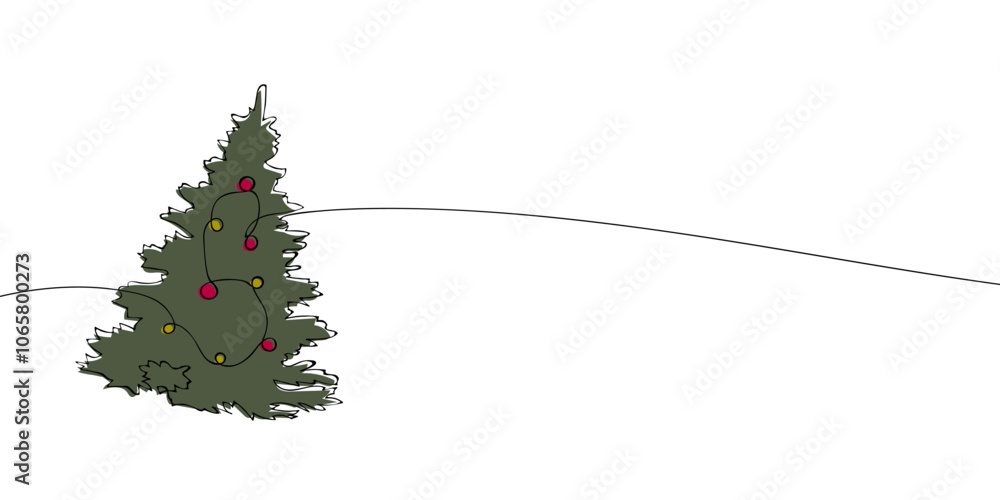 Poster a single line drawing of a christmas tree with star and balls. continuous line pine tree icon in col