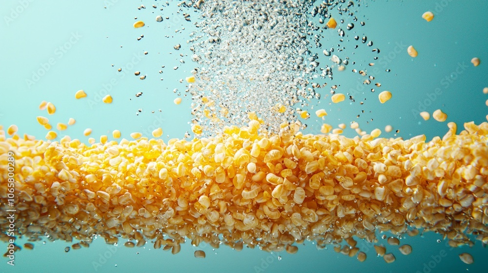 Poster floating corn grits create mesmerizing effect highlighted bubbles rising water grain distinctly visi