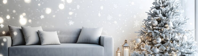 White Christmas Decor with Snow-Frosted Tree and Sofa
